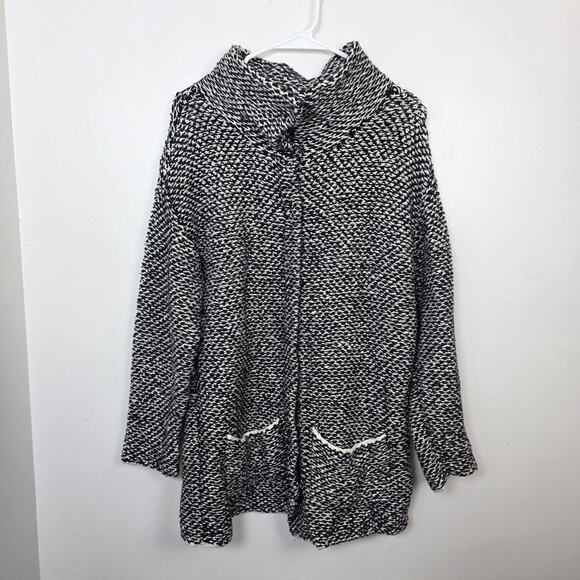 Eileen Fisher White Black Chunky Knit Snap Button Up Organic Cotton Sweater XS - Picture 1 of 8